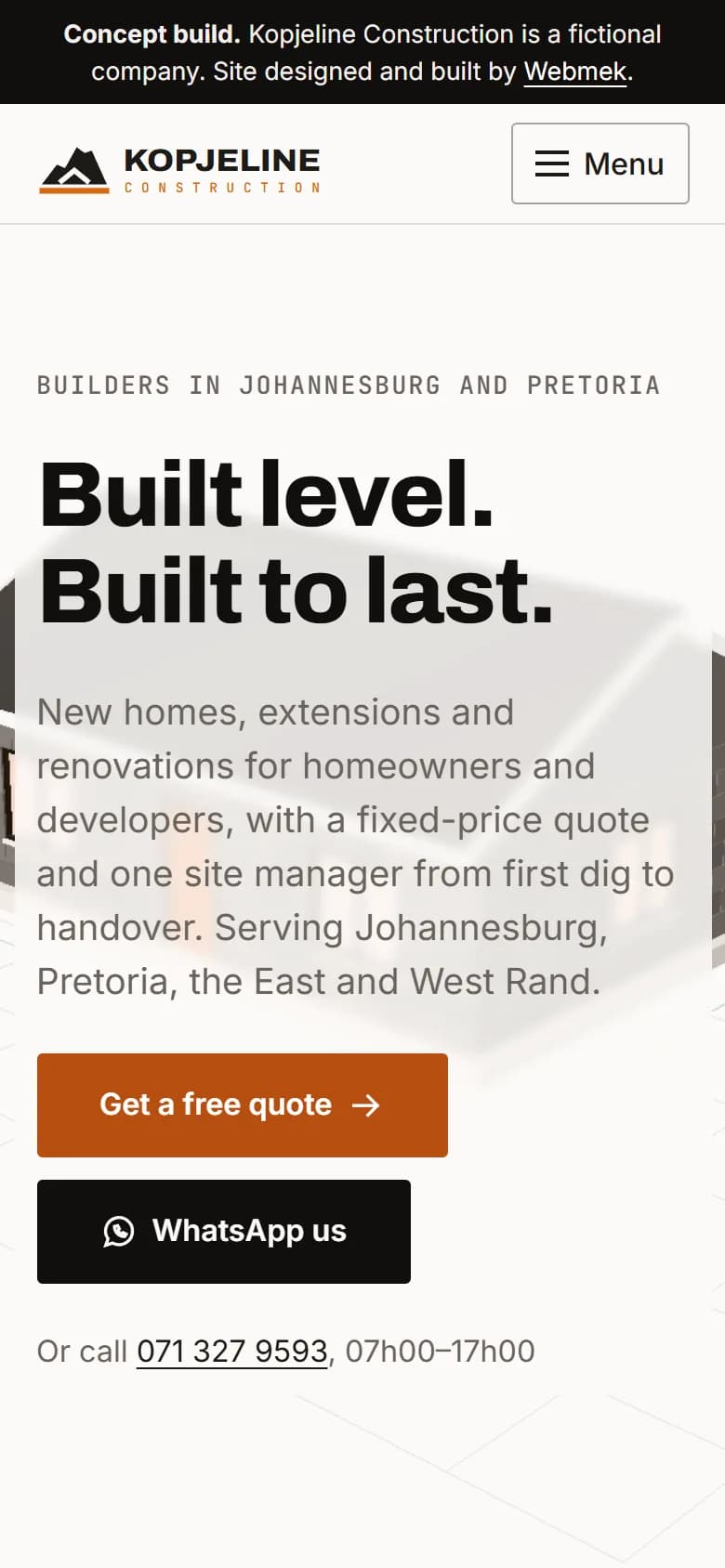 Kopjeline Construction website, mobile view