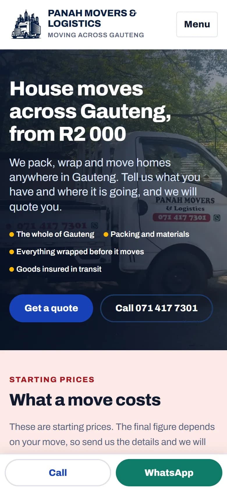 Panah Movers & Logistics website, mobile view